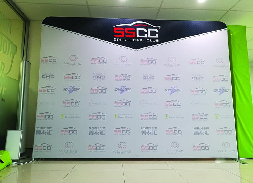 Exhibition wall display featuring a large visual and design elements.